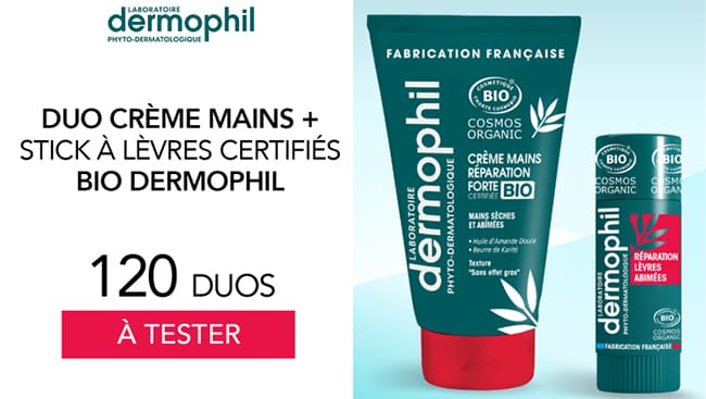 Testez gratuitement le stick à lèvres et la crème mains Dermophil avec Trustbeauty