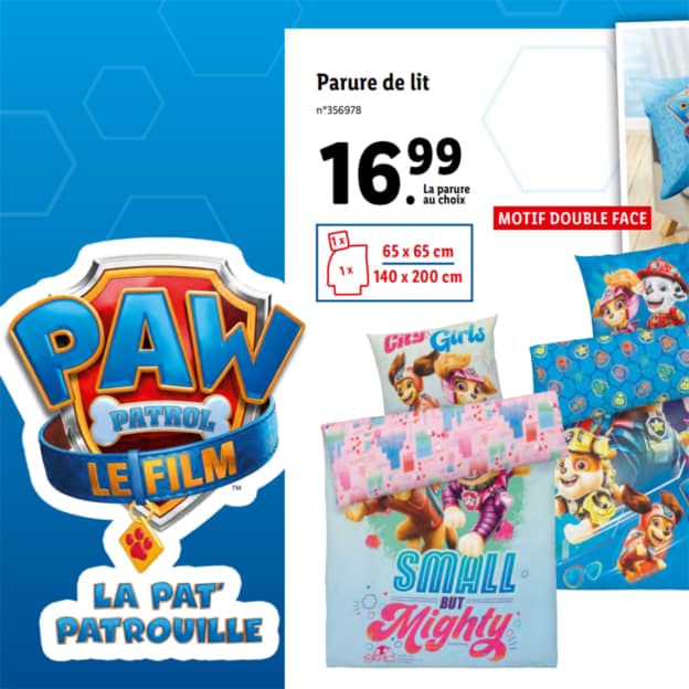 Lidl : Parure de lit pour enfants Pat’Patrouille pas cher