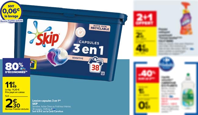 80% de remise fidélité sur des packs de lessive Skip chez Carrefour