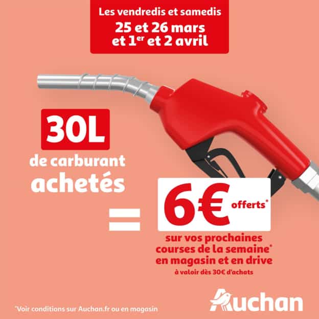 Carburants Auchan : 30L achetés = 6€ de remise