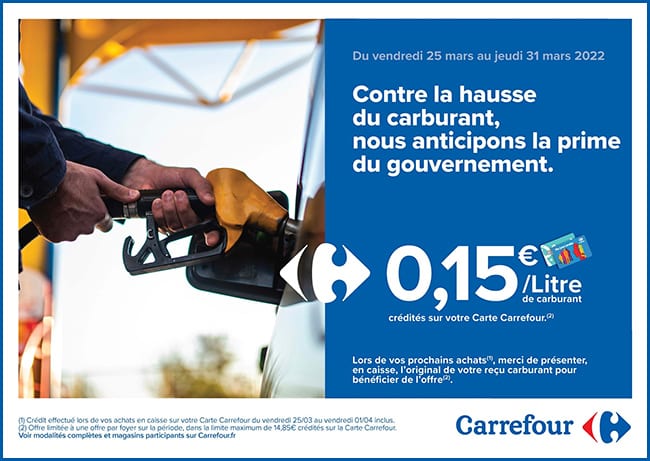 15 centimes d’euro par litre de carburant crédités sur votre carte de fidélité Carrefour