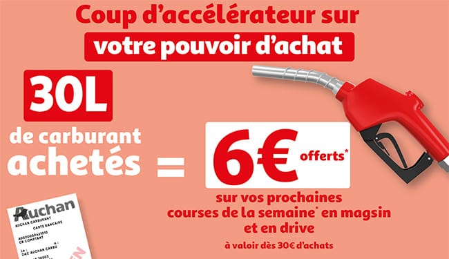 6€ de réduction sur vos courses pour 30l de carburant achetés chez Auchan