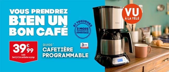 Cafetière programmable Quigg avec pichet isotherme en inox à petit prix chez Aldi