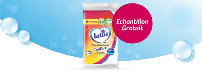 Recevez gratuitement votre échantillon de papier toilette humide Lotus Confort
