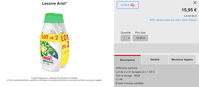 Bénéficiez de 80% de remise fidélité = 2 bidons de lessive Ariel