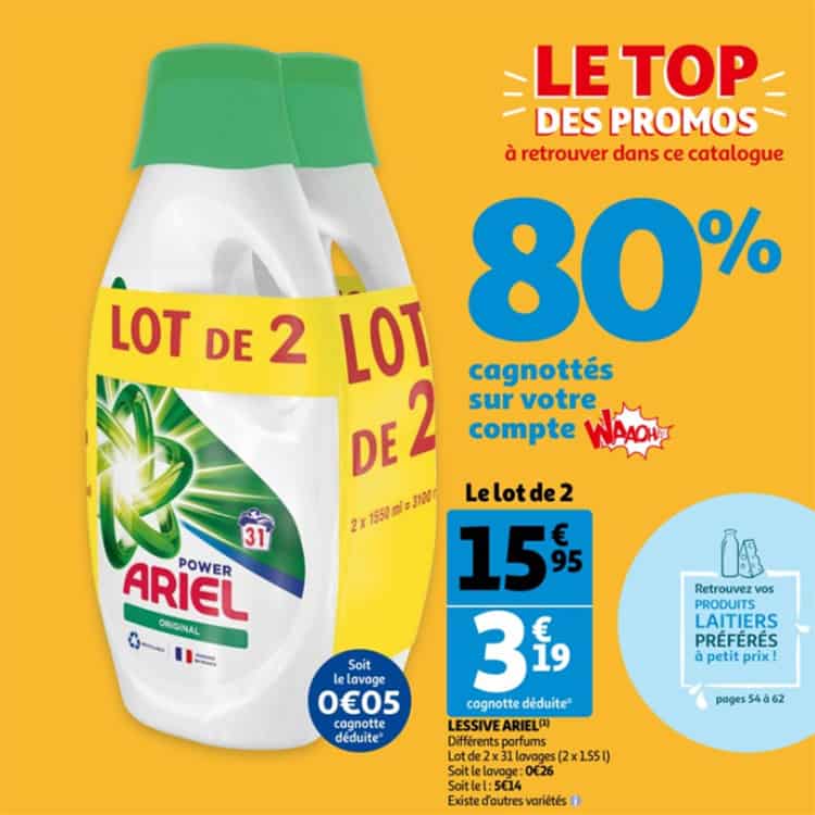 Auchan : 2 bidons de lessive Ariel à 3,19€ (-80% fidélité)