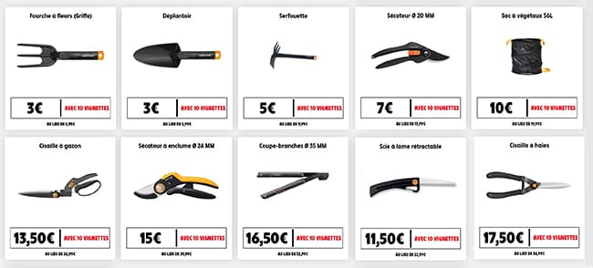 Liste des outils Fiskars moins chers chez Intermarché
