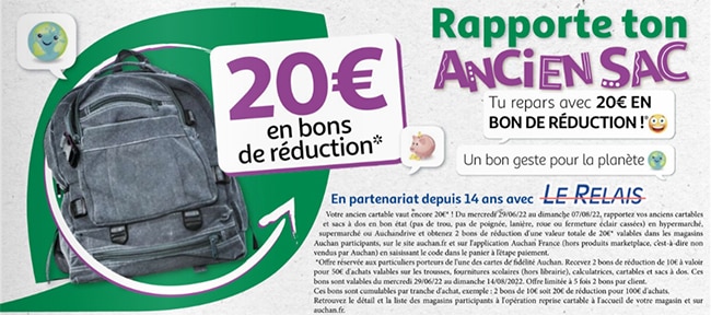 Obtenez 20€ en bons de réduction en rapportant votre ancien cartable