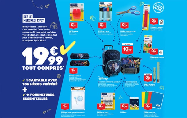 Aldi Cartable Sac heros 11 fournitures essentiels a 19 99