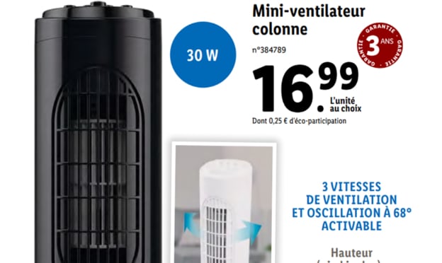 Lidl : Mini ventilateur colonne SilverCrest pas cher