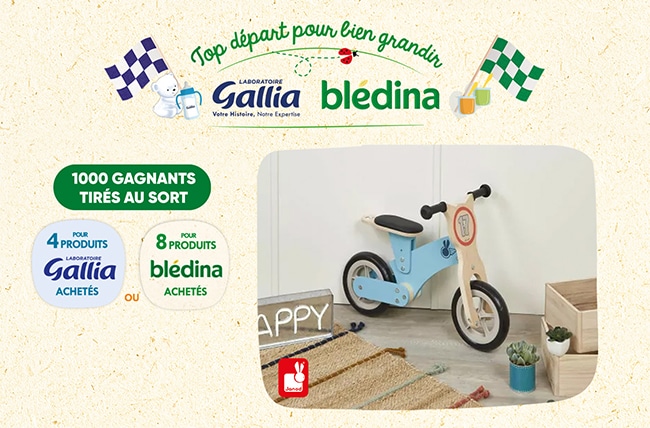 draisienne Bikloon Little Racer Janod avec vos produits Blédina ou Gallia