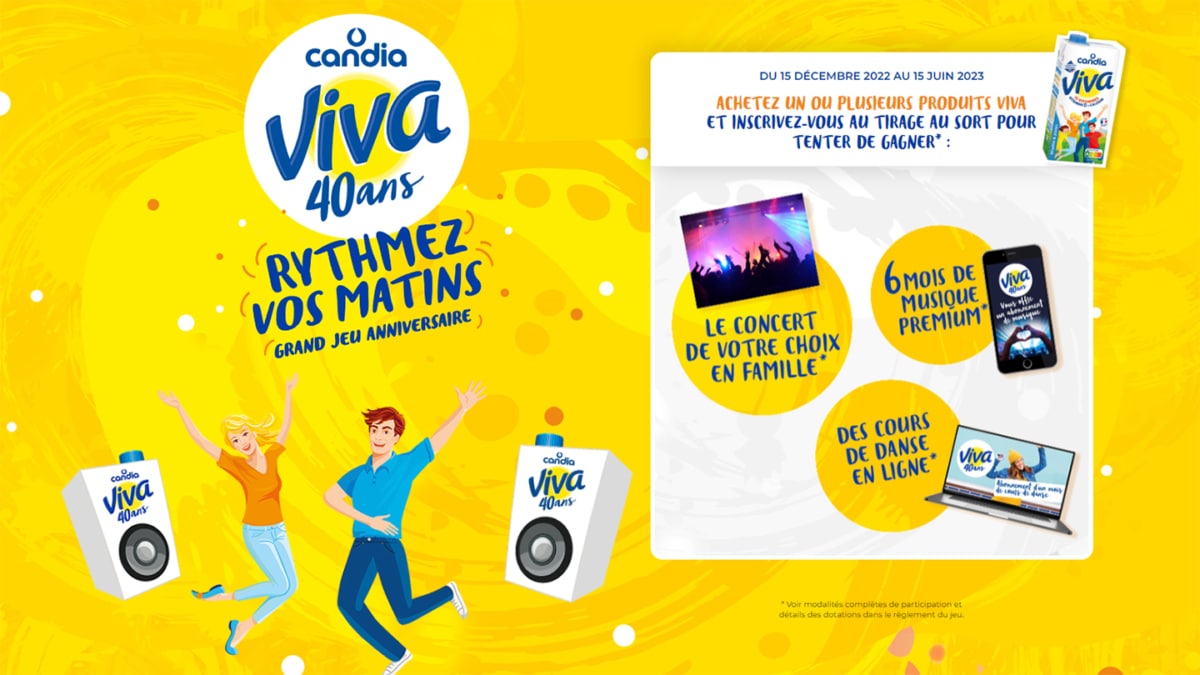 Jeu Candia Viva 40 ans avec achat : 115 cartes cadeaux à gagner