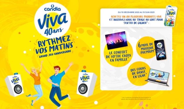 Jeu Candia Viva 40 ans avec achat : 115 cartes cadeaux à gagner