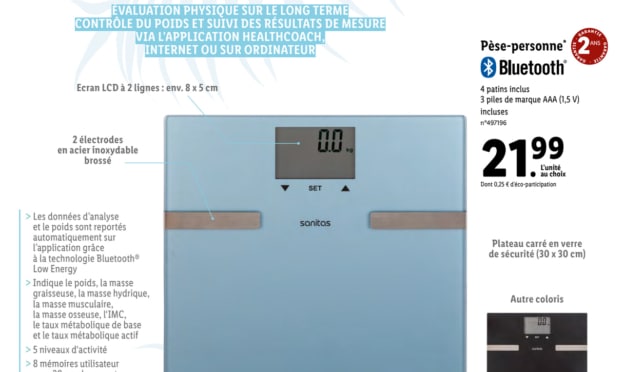 Lidl : Pèse personne impédancemètre Bluetooth Sanitas pas chère