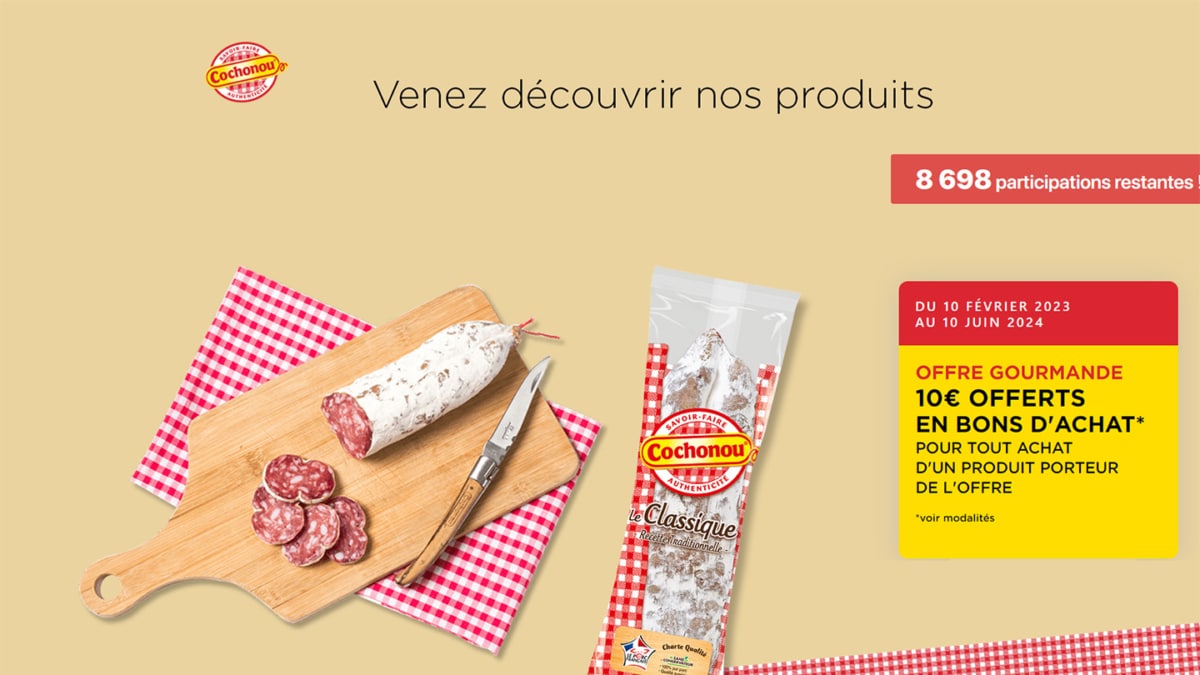 Cochonou offre gourmande : 1 produit acheté = 10€ offerts en bons