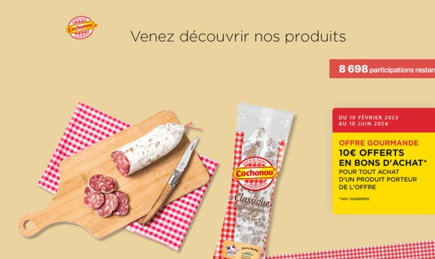 Cochonou offre gourmande : 1 produit acheté = 10€ offerts en bons