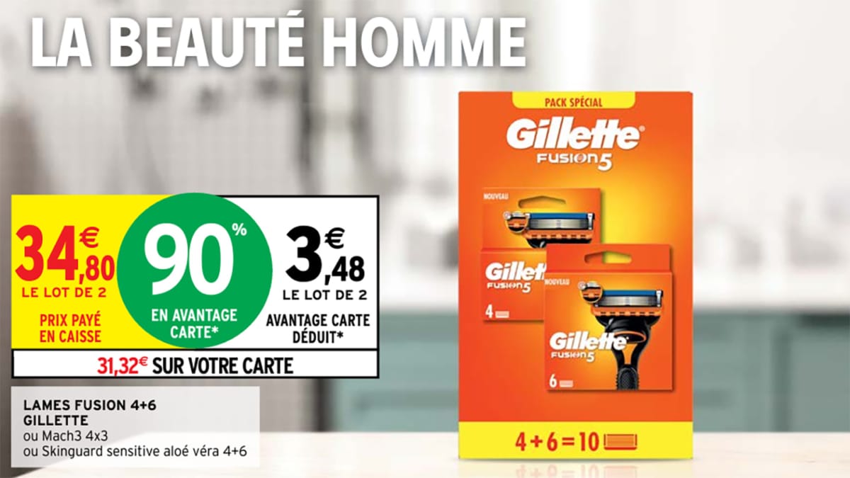 Intermarché : 10 lames de rasoir Gillette à 3,48€ (90% de remise fidélité)