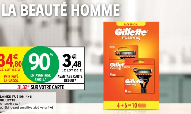 Intermarché : 10 lames de rasoir Gillette à 3,48€ (90% de remise fidélité)