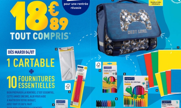 Promo Aldi : Cartable + 10 fournitures scolaires = 18,89€