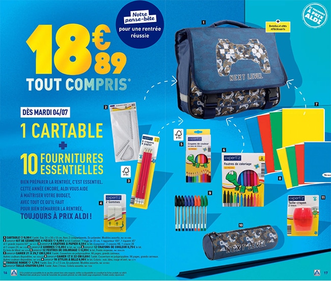 Ensemble cartable et fournitures indispensables pas cher chez Aldi