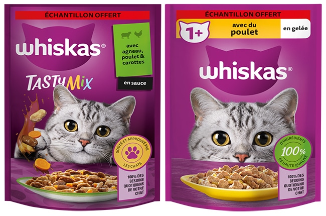 Nourriture en sachet offerte via la campagne d'achantillonnage de Whiskas