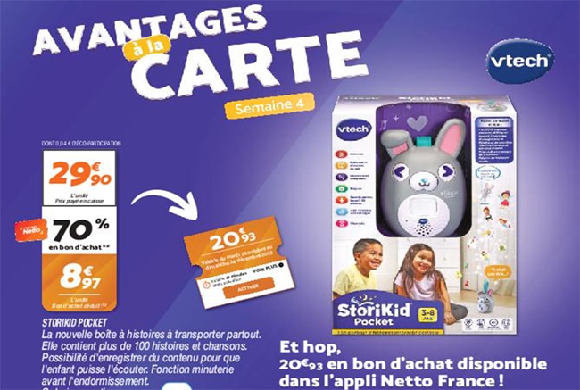 Bénéficier de 70% de remise en bon Netto pour l’achat de la Storykid Pocket de Vtech