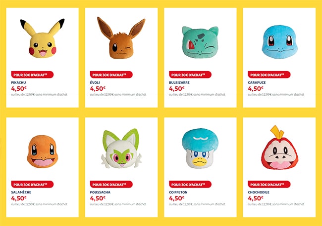 Liste des coussins Pokémon moins chers chez Auchan