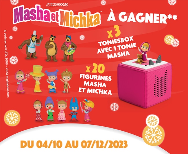 Gagnez un Toniesbox Masha ou des figurines Macha et Michka avec jouéClubun Toniebox Masha ou des figurines Macha et Michka avec jouéClub
