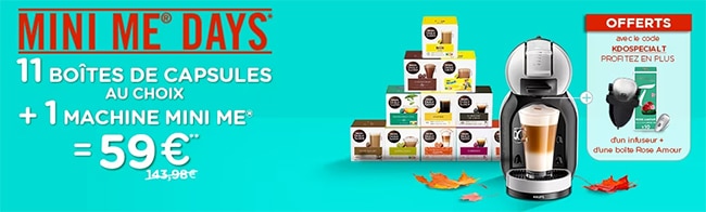 Mini Me days : Machine à café Dolce gusto +11 boîtes de capsules à 59€ + cadeaux