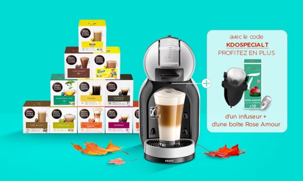 Promo Dolce Gusto : 11 boîtes de capsules + machine + cadeaux = 59€