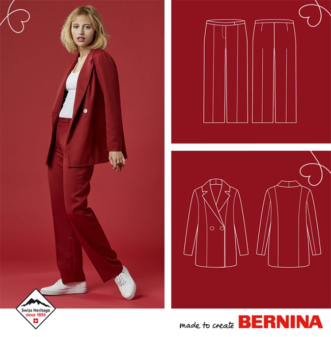 Obtenez gratuitement les patrons de couture du pantalon Claire et du blazer Cora grâce au code promo Bernina