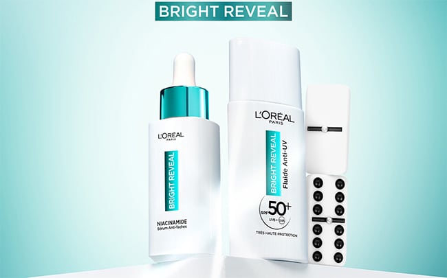 Testez le sérum anti-taches Niacinamide et le fluide anti UV Bright Reveal de L’Oréal Paris SPF50