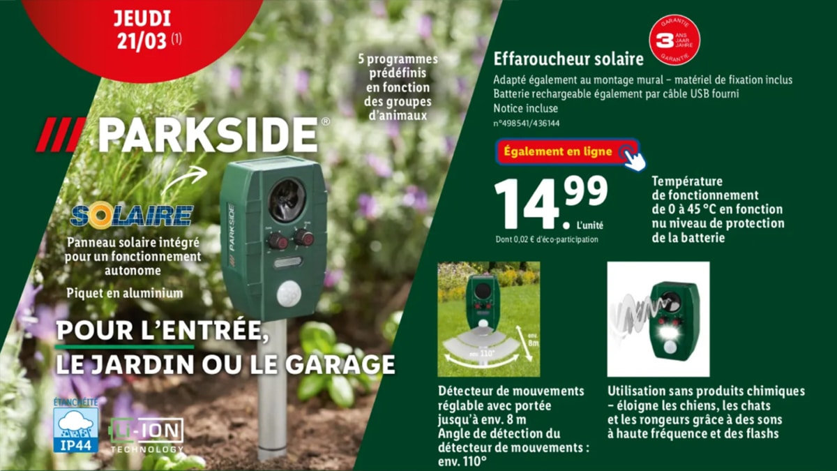 Lidl : Effaroucheur solaire Parkside à 14,99€ seulement