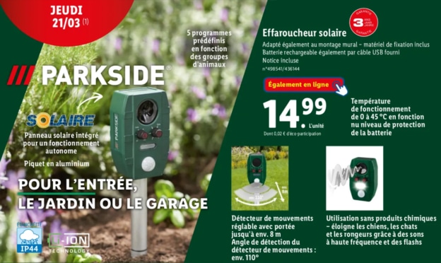 Lidl : Effaroucheur solaire Parkside à 14,99€ seulement