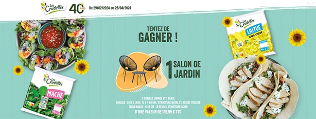 Gagnez un salon de jardin ou un quiz apéritif + un bon de réduction avec le jeu Les Crudettes