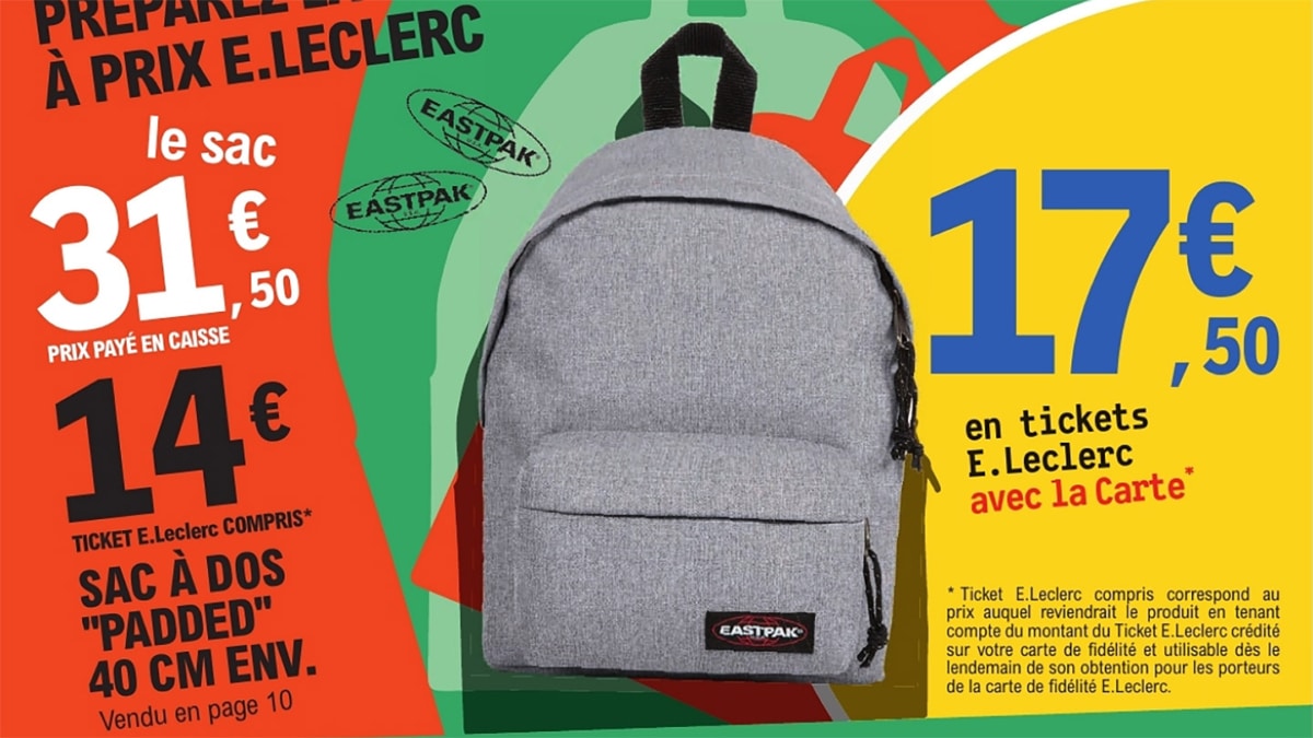 Leclerc : Sac à dos Padded Eastpak à 14€ (remise fidélité déduite)