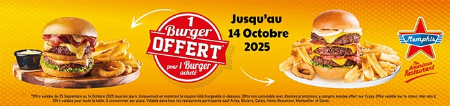 Burgers offerts dans de nombreux restaurants Memphis Coffee