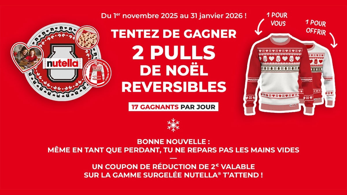 Jeu Nutella.com à code : + de 3’000 pulls de Noël Nutella à gagner