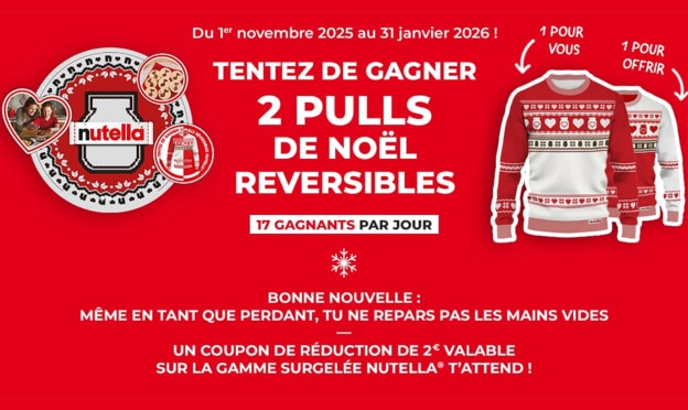 Jeu Nutella.com à code : + de 3’000 pulls de Noël Nutella à gagner