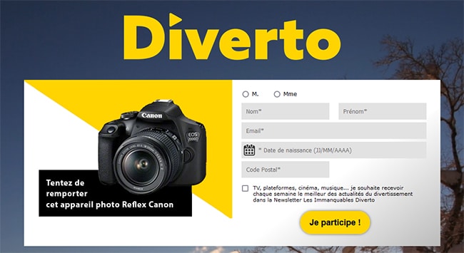 Tentez de remporter un appareil reflex canon + objectif avec Diverto