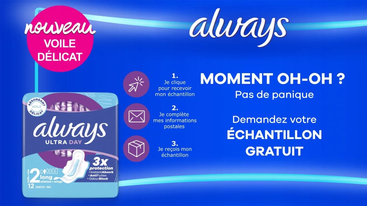 Échantillons gratuits de serviettes Always Ultra Day