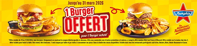 Burgers offerts dans de nombreux restaurants Memphis Coffee