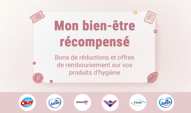 Illustration de l’article Mon Bien-Être Récompensé avec les logos des marques Lotus, Okay, Nana, TENA, Demak’Up et Lotus Baby.