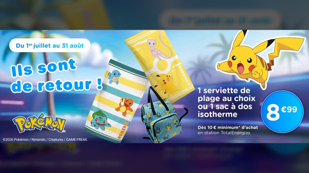 Total Energies / Pokémon : Serviettes de plage ou sac isotherme à 8,99€